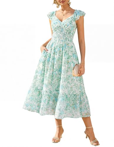 Image of GRACE KARIN Women's Summer Floral Maxi Dress 2026 Ruffle Sleeve Smocked Sundress Flowy Wedding Guest Long Dresses with Pocket