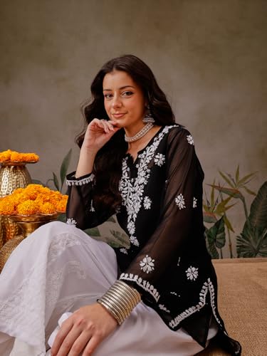 Image of Ada Women's & Girl's Georgette Hand Embroidered Lucknow Chikankari Regular Fit Short Kurti Top with Slip A911300