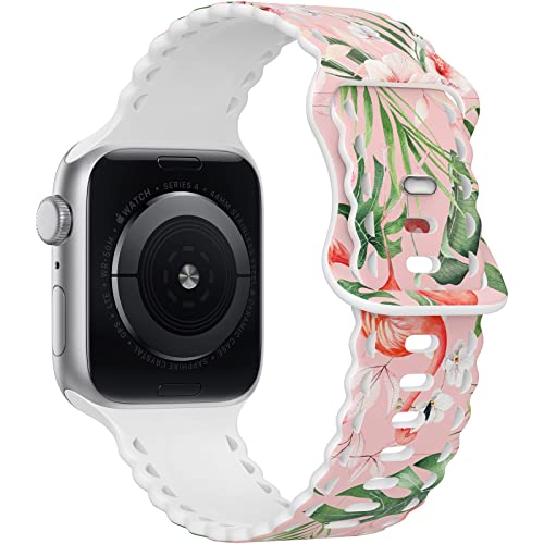 Image of Compatible with Apple Watch Band 41mm 40mm 38mm 49mm 45mm 44mm 42mm Women Girl, Flamingo Print Lace Hollow-out Soft Silicone Sport Bands For iWatch Ultra SE Series 10 9 8 7 6 5 4 3 2, Flam-42
