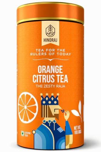 Image of Hindraj The Zesty Raja Orange Green Tea Loose Leaves 100 g Organic Fruit Blend Green Tea Caffeine Boost, Refreshing Citrus Flavor, No Added Sugar
