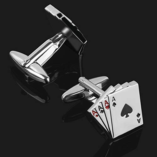 Rhungift Brass Cufflinks For Men- Men's Gifts Playing Cards 4A Poker Cuff Button Shirts Silver For Vegas Casino Night Event Wedding Business #TOP1