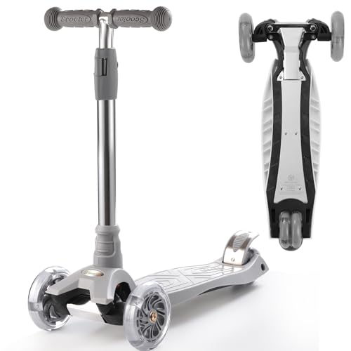 Patinete de 3 ruedas para niños de 6 a 12 años, patinete para niños con ruedas iluminadas, diseño de cubierta resistente y 4 alturas ajustables, adecuado para niños de 3 a 12 años (gris)