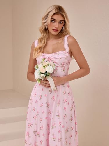 KUTUMAI Floral Corset Midi Dresses for Women 2025 Lace Up Flowy Summer Wedding Guest Dress with Pockets4