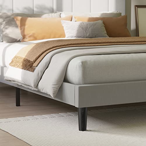 Bonsoir Full Size Bed Frame Modern Vertical Panel Upholstered Low Profile Platform With Tufted Headboard/No Box Spring Needed/No Bed Skirt Needed/Linen Fabric Upholstery/Light Grey (Full Size) #TOP5