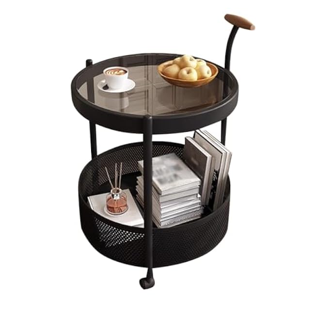 2-Tier Round End Table Home Storage Trolley,Multifunctional Organization Cart with Handle and Wheels for Living Room Bedroom(Black)-tifR1kUr