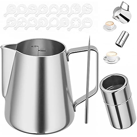 FORMIZON Jarra de Leche de Acero Inoxidable 304 con Accesorios y Plantillas de Café (350ml) Cover