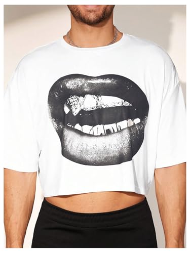 GORGLITTER Men's Graphic Tees Cropped Shirt Tops Short Sleeve Rhinestone Lips Crewneck Tee4