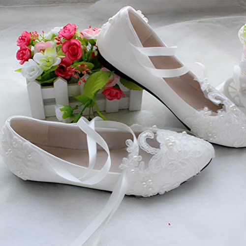 ANUFER Womens Elegant Lace Embroidery Flat/Heeled White Wedding Shoes Pumps with Pearls4