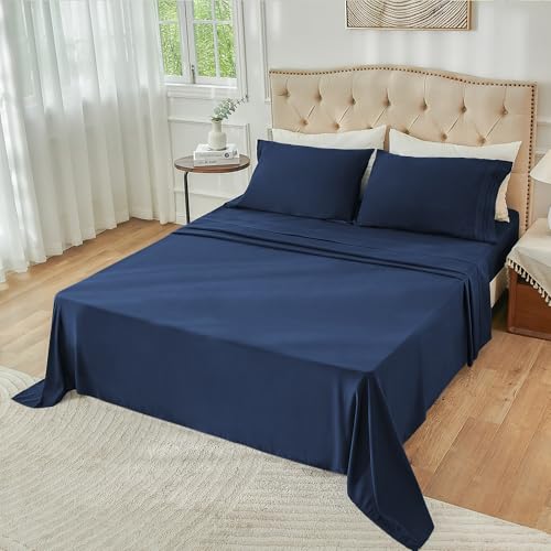 Yibeizi Queen Sheet Set Cooling Sheets Deep Pocket Queen Size Bed Sheets Set, Navy Blue Soft Microfiber Oeko-Tex Sheets & Pillowcases Hypoallergenic Wrinkle Free Bedsheets - Image 3