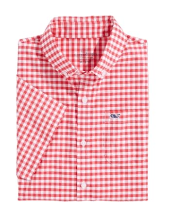 vineyard vines Boys' On-The-Go brrrº Short-Sleeve Gingham Shirt, Red Gingham, Large (16)2