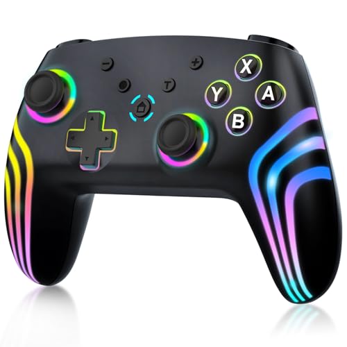 MYSTILUCK Wireless Pro Controller für Switch/Switch 2/Lite/OLED/PC, Gamepad mit 7 Farbwechselnde RGB Beleuchtung/Dual Vibration/6 Achsen Gyroskop/Turbo, Ergonomisch Gestalteter Präzise Joystick