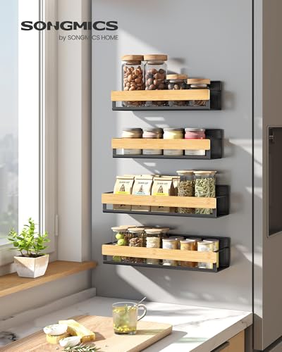 Image of SONGMICS 4-Pack Strong Magnetic Real Bamboo Spice Racks for Fridge | Kitchen Magnetic Shelves for Washing Machine, Spice Organizers, No Drilling Needed, Ink Black UKCS062BH01