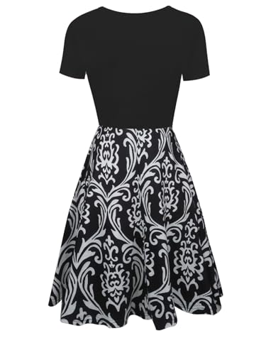 Image of oxiuly Women Casual Dress Round Neck Soft Cotton Floral A-Line Midi Summer Dresses with Pockets OX262