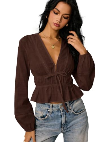Image of Shasmi Women's Solid Deep V Neck Cotton Long Bishop Sleeve Drawstring Waist Ruffle Hem Peplum Top | Blouse | Casual Boho Cottagecore Shirt for Office, Vacation & Daily (Top 304)