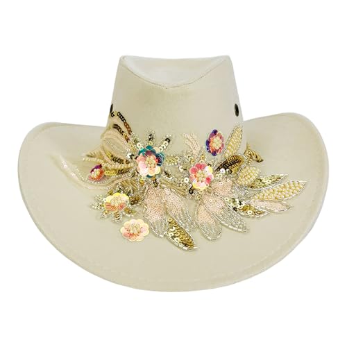 gifyym Sombrero de vaquera, sombrero occidental con bordados florales para fiestas, ligero y transpirable para conciertos y disfraces de Halloween
