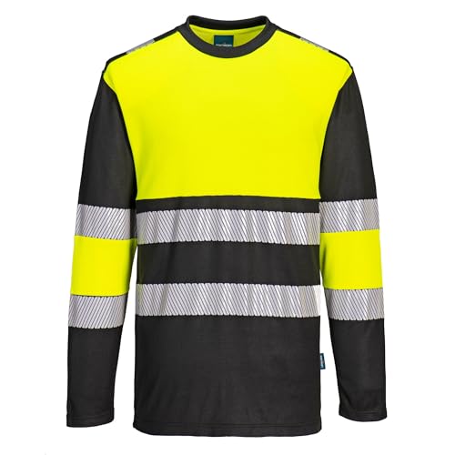 Portwest PW312 PW3 Hi Vis Cotton Comfort Long Sleeve T Shirt Breathable Lightweight Moisture Wicking Reflective Tape UV Protection Certified Workwear, Yellow/Black, XXXL