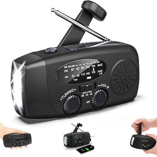 Radio da Sopravvivenza Dinamo Solare Portatile Ricaricabile – Radio FM/AM, Torcia Dinamo, Pulsante SOS, Powerbank 2000 mAh – Ideale per Kit di Sopravvivenza, Campeggio, Escursionismo (Noir)