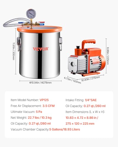 VEVOR 18,93 L Vakuumkammer & 3,5 CFM Pumpe, Edelstahlkammer, einstufiges Vakuumpumpen-Entgasungskammerset, mit Acryldeckel, Öl, 1,5 m Schlauch, Vacuum Pump Kit zum Entgasen von Harz-Silikon-Epoxiden