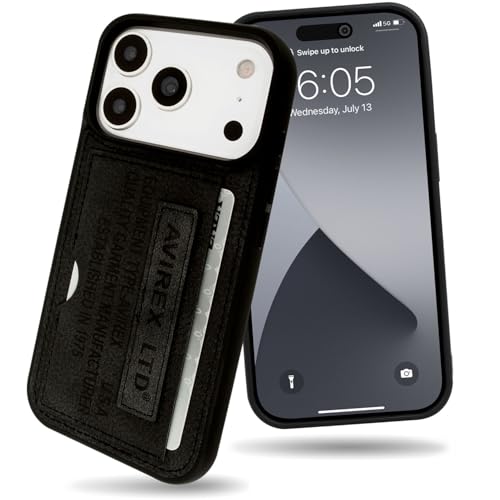 【 AVIREX 正規品 】 iPhone17 Pro 対応 ケース 背面 カード収納付き「 ヴィンテージ風カードポケット付き背面ケース 」 アヴィレックス アイフォン17プロ用 iPhone 17 Pro 用 ブランド スマホケース (ブラック)