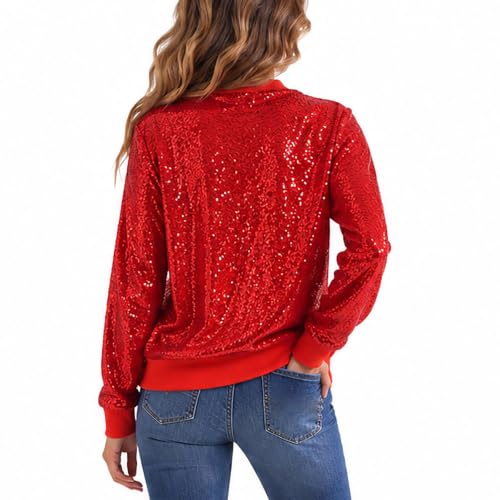 Gryvoilet Women Sequin Bomber Jacket Zip Up Long Sleeve Rib Collar Rib Cuff Sparkly Glitter Cropped Outerwear Coat with Pockets for Party Club - image 4