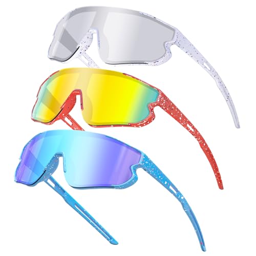 Wapreta 3PACK Kids Sunglasses Youth Baseball Sunglasses for 4-12 Boys Girls Cycling Softball Running UV400 Sports Goggles (White Frame+ Red Frame + Blue Frame)
