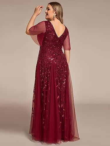 Image of Ever-Pretty Women's Sequin V Neck Plus Size Formal Dresses Evening Gown | Short Sleeve, A-Line, Empire Waist, Plus Size Mother of the Bride Dresses, Plus Size Gala Dress