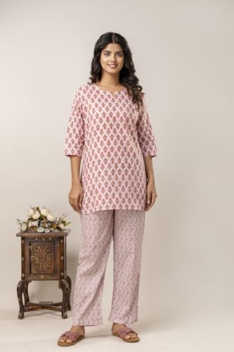 Image of Pure Cotton Printed Night Suit Top and Pyjama Set for Women's Night Dress of Shirt & Pyjama Set for Womens