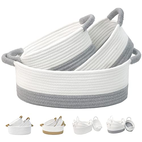 Twira 3-Piece Small Woven Basket, Baby Toy Storage Basket, Cute White Rope Basket For Diapers, Towels, Snacks, Dog & Cat Toy Box With Handle, Empty Decorative Gift Basket For Bedroom, Nursery (White ＆ Grey) #TOP10