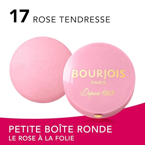 Bourjois Petite Boîte Ronde Blush, 17 Rose Tendresse, tient toute la journée, aspect naturel, effet rosé, pigments longue tenue, formule facile à estomper, texture légère, 2,5g
