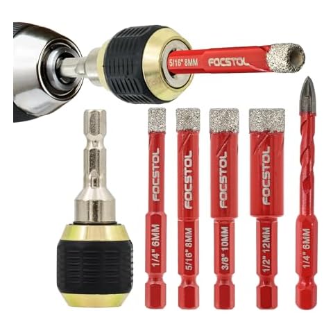 FOCSTOL Dry Diamond Drill Bit Set - Diamond Hole Saw Kit and Carbide Drill and Connecting Rod with Quick Change Hex Shank for Ceramic Porcelain Tile Marble Granite 6pcs (6/8/10/12mm+6mm+6.35mm) Cover