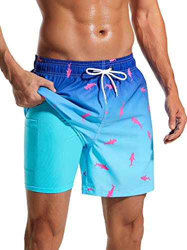 SILKWORLD Mens Compression Lined Swim Trunks Water-Resistant Swimming Shorts Bathing Suits - Quick Dry & Zipper Pockets, Blue Fish, X-Large4