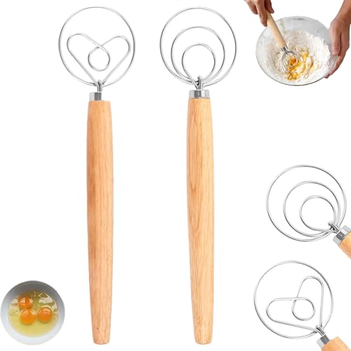 2 frusta danese, frusta per pasta danese, in acciaio inox, frusta a spirale, con manico in legno, Danish Dough Whisk, frusta per pane, pane, dolci, impasto per pizza
