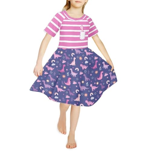 SEANATIVE Girls Short Sleeve Dress Summer Twirly Skater Casual Dress for 3-14Years3
