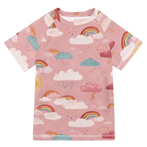 ALAZA Kids Rash Guard Girls Toddler Swim Shirts Short Sleeve Cute Rainbow Rain UPF 50+ 3T