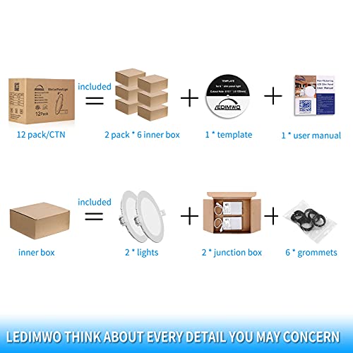 LEDIMWO 6 inch 5000K 12W 1100lm No-Flicker No-Buzz Dimmable Recessed Lighting, 6'' Led recessed Light, Led Ceiling Light, Led Can Lights, with Junction Box, 12 Pack ETL & Energy Star - Image 3