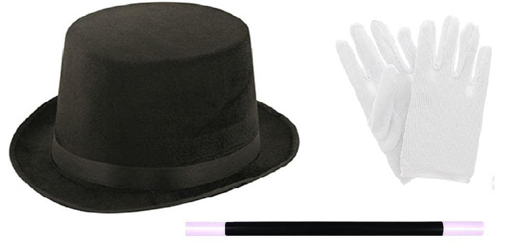The Dragons Den Adults Magician Illusionist Top Hat Magic Wand & White Gloves Circus Fancy Dress Costume Accessory