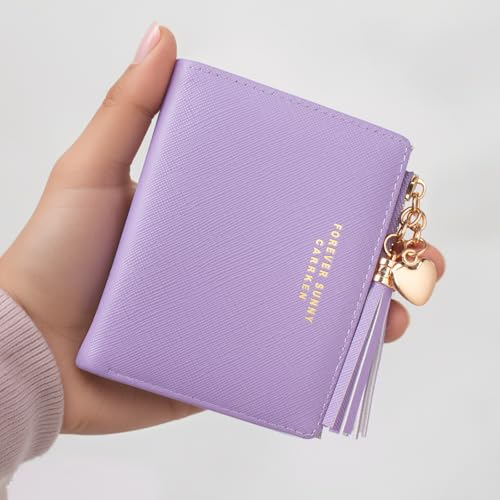 Image of KOTORA Womens Small Wallet Girls Tiny Slim Wallets Pretty Mini Card Holder Thin Short Zip Coin Purse with Love Pendant and Tassels (Purple)