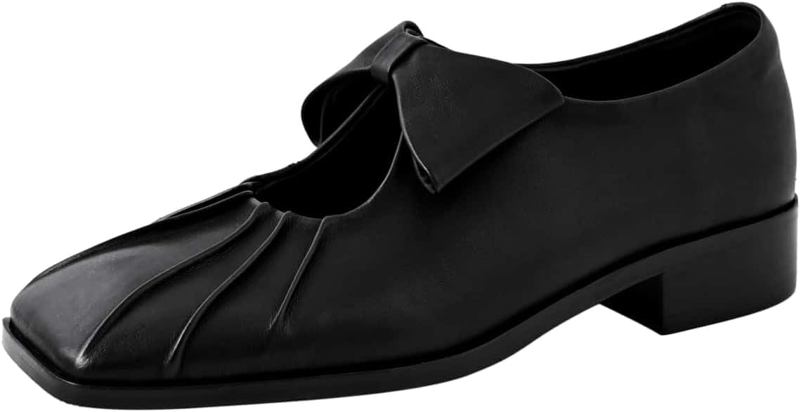 TinaCus Women's Mary Jane Genuine Leather Handmade Square Toe Plitated Bowknot Loafers Shoes Casual Daily