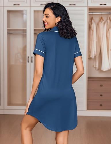 Image of Ekouaer Women's Nightgown Button Down Nightshirt V Neck Sleepshirt Short Sleeve Sleepwear Soft Pajama Dress