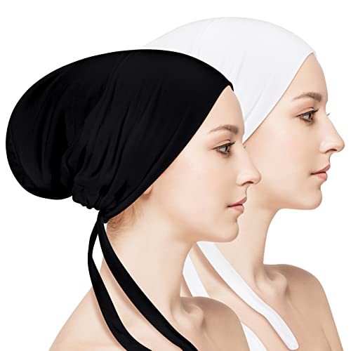 2 Pieces Women Under Scarf Hat Hijab Cap Islamic Hijab Undercap Hijab Bonnet Cap Muslim Inner Beanies Hat Underscarf Turban Caps with Ties Back Black, White
