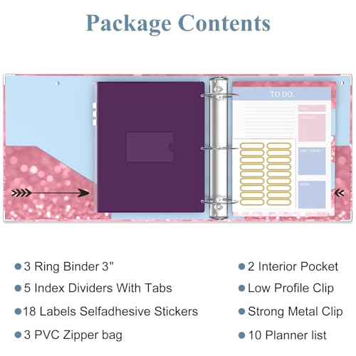 Image of 3 Ring Binder, 3 Inches Round Ring Binder with Clipboard, Dividers Tabs, PVC Zipper Bag Sleeves & to Do List Planners for Women, Men, School, Office Supplies, Work Hard
