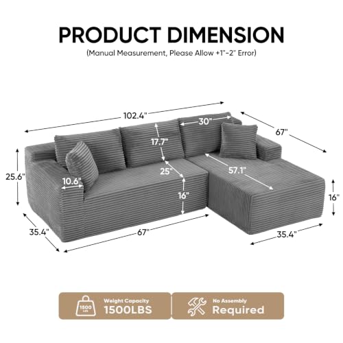 Image of Boneless Couch, 102.4 inch Sectional Couches for Living Room with L Shape Sofa | Cloud Couch Sectional with Chaise, Modular Cloud Sofa with Deep Seat, No Assembly, Beige, Corduroy, Right Chaise