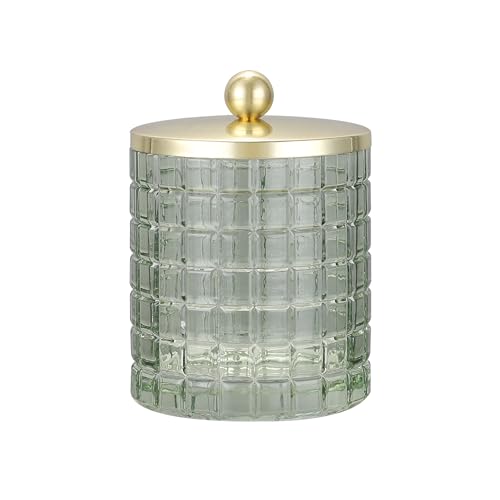 Indecor Home Glass Jar with Metal Lid for Bathroom Organization, Clear Apothecary Jar for Cotton Balls, Q Tips, and Small Accessories, Stylish Bathroom Storage Container Sage Green, Gold