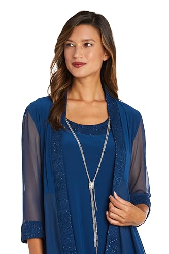 Image of R&M Richards Women's Elegant 2-Piece Shift Dress with Pleated Shimmer Duster Jacket for Mother of the Bride, Cocktail Attire
