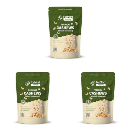 Image of FarMart Pantry Premium Cashews (Whole & Unroasted)| 500g Pack | W320 | Creamy, Crunchy & 100% Natural | High in Protein, Fibre & Magnesium | Ideal for Snacking, Cooking & Sweets | (Pack of 3)