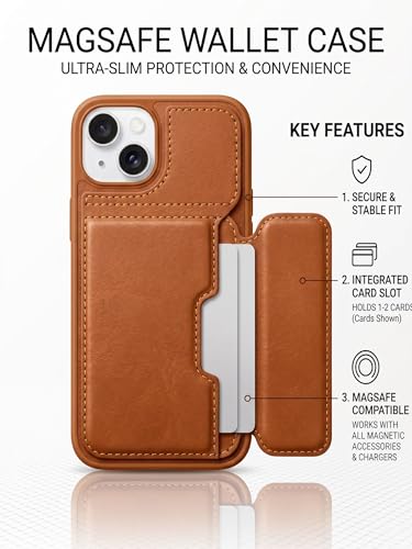 Image of amazon basics Luxury Vegan Leather Back Cover for iPhone 15 | Built-in Card Holder Slot | Integrated Mobile Stand | Slim Shockproof Protective Case with Stitched Finish - Tan