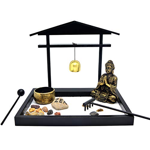 Tabletop Zen Rock Garden Meditating Statue Bell Rake Sand Candle Burner Tray Home Décor (SCZ01)