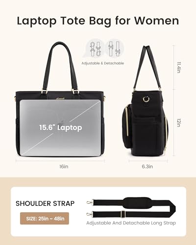 Image of LOVEVOOK Lunch Tote Bag for Women, 15.6 Inch Work Bag with Lunch Compartment, Large Capacity Work Tote with Cup Holder for Teacher, Business, Daily, Outdoors, Black