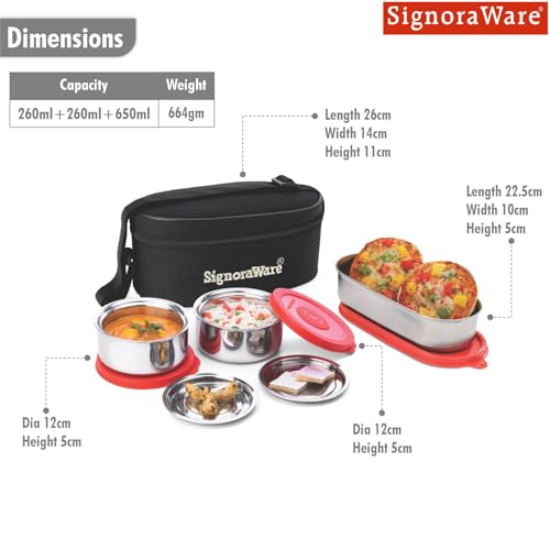 Image of Signoraware Double Decker Stainless Steel Lunch Box | Airtight & Leakproof | Ideal for Office & School Meals | Great for Travelling & Outdoors (260ml + 260ml + 650ml | Red)