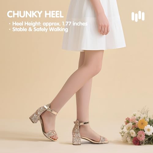 Image of Hehainom Girls Dress Shoes Heels Sandals Little Big Kids Square-Toe Ankle Strap Wedding Party Flower Girls Shoes